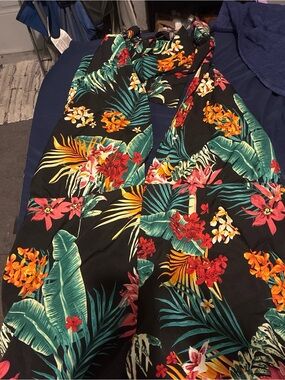 SHEIN Black Tropical Floral Jumpsuit with Green, Red & Orange Accents